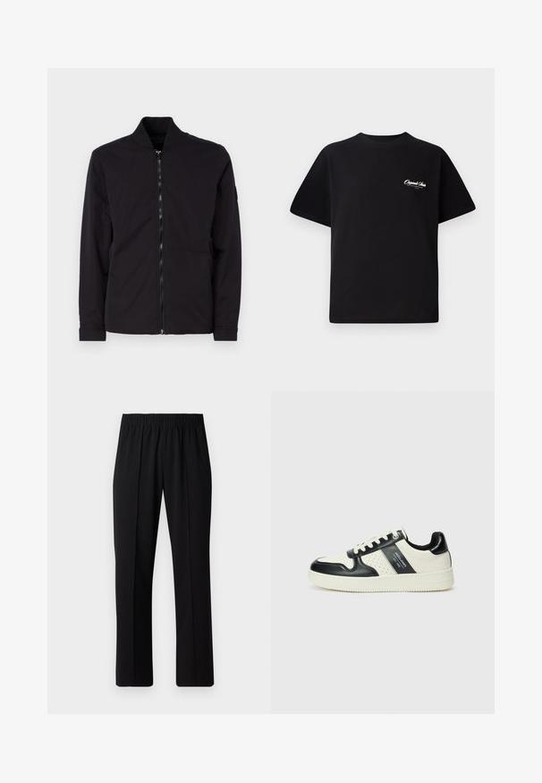 Giacca nera con chiusura a zip, colletto a coste, maniche lunghe e tessuto liscio. Caratterizzata da un design minimalista senza motivi o accenti visibili.; T-shirt in cotone nero con scollatura rotonda, maniche corte e piccolo testo del logo bianco sul lato sinistro del petto. Design semplice, vestibilità classica.; Pantaloni neri con vita elasticizzata e design a gamba dritta, caratterizzati da una texture liscia e senza motivi o hardware visibili.; Sneakers in pelle con una combinazione di colori nero e crema, dotati di dettagli perforati, collare imbottito e suola testurizzata.