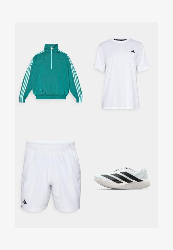 adidas Originals LIVERPOOL FC ICON HALF ZIP JACKET - Klubbkläder - sea green; Vit sporttopp med kort ärm, tillverkad av fukttransporterande tyg. Har en svart logotyp på vänster bröst och ett mönstrat inre halsringning.; Vita atletiska shorts med resårmidja, med en texturerad tyg och en svart Adidas-logotyp på nedre vänstra sidan.; Lätta löparskor i ljusblått med svarta ränder. Har en slät ovandel, rund tå och tjock vit mellansula märkt "LIGHTSTRIKE PRO."