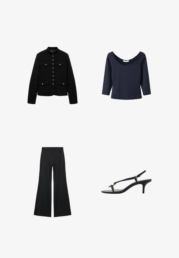 Black jacket with a high collar, gold button closure, and two front pockets. Fabric is smooth, designed for structured fit.; Navy blue 3/4 sleeve top with a wide scoop neckline, made from soft fabric. Features raglan sleeves and a straight hem.; Black wide-leg pants with a smooth texture, featuring front pleats and a tailored design. The fabric is lightweight and flowy.; Black leather kitten heel sandal with thin straps, gold buckle, and minimalist toe loop on a white background.