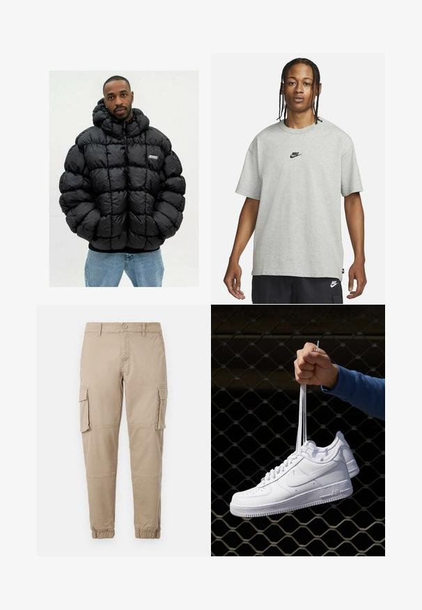 Jachetă puffer neagră cu un design matlasat, având guler înalt și închidere cu fermoar. Țesătura pare lucioasă și căptușită pentru căldură.; Tânăr cu părul împletit, îmbrăcat cu un tricou Nike gri deschis și pantaloni scurți Nike negri, pe un fundal alb simplu.; Pantaloni cargo bej dintr-un material din bumbac ușor. Au manșete elastice, mai multe buzunare laterale și închidere cu buton.; Adidași albaștri din piele cu perforații, vârf rotund, talpă plată și șireturi groase, cu un logo swoosh vizibil și cu inscripția "AIR" pe toc.