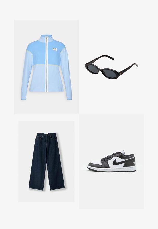 Lichtblauwe fleece jas met een hoge kraag, volledige rits, witte accenten en gele stiksels. Bevat een klein logo op de linkerbovenkant.; Crème-kleurige coltrui gemaakt van zachte gebreide stof. Heeft geribbelde manchetten en onderrand, met een ontspannen pasvorm en verlaagde schouders.; Donkerblauwe, wijde spijkerbroek van denim. Beschikt over vijf zakken, een knoop- en ritssluiting, en contrasterende stiksels.; Zwart-witte Nike lage sneakers hebben een glad leren bovenwerk, een ronde neus, vetersluiting en een gestippelde rubberen zool.; Zwarte oversized zonnebril met ovale lenzen, een glad plastic montuur en gouden accenten op de pootjes. Donkere lenzen bieden bescherming tegen de zon.; Donkerbruine suède schoudertas met verstelbare riem, hardware in goudkleur en een groot voorflapsluiting.