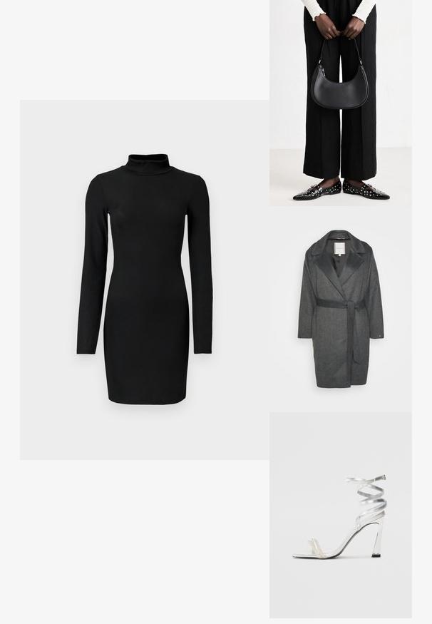 Tommy Hilfiger Curve BELTED COAT - Casaco clássico - dark grey heather; Vestido preto de manga longa com decote alto, silhueta justa e textura suave. Comprimento até a metade da coxa e sem padrões ou detalhes visíveis.; Sandalha de salto alto prateada com um design de tira brilhante, apresentando um detalhe semelhante a uma pérola e uma tira de tornozelo espiralada para um ajuste seguro.; Bolsa de ombro de couro preta com forma arredondada, acabamento brilhante e ferragens prateadas. Pessoa vestindo calças largas pretas e mocassins com tachas.