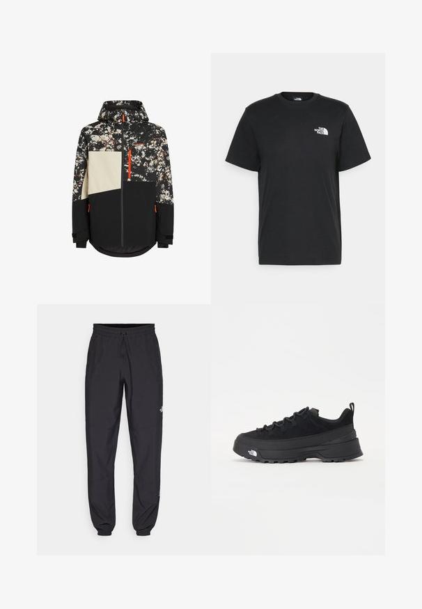 Ski jacket featuring a black base with a camouflage pattern in white, brown, and red accents; includes a hood, zip closure, and adjustable cuffs.; Black cotton t-shirt with short sleeves, crew neck, and a small white logo on the left chest. Simple design, smooth texture, and relaxed fit.; Black athletic pants made from lightweight fabric, featuring a drawstring waistband, side pockets, and tapered cuffs at the ankles.; Black outdoor sneaker with a suede upper, textured rubber sole, and sturdy lacing system. Features a reinforced heel and brand logo on the side.