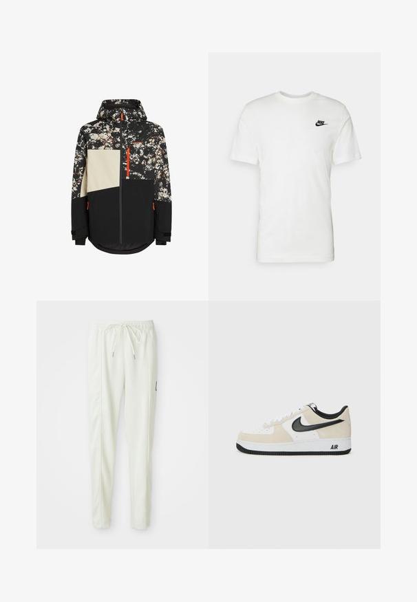 Giacca da sci con base nera e motivo camouflage in bianco, marrone e dettagli rossi; include cappuccio, chiusura con zip e polsini regolabili.; Maglietta bianca in cotone con maniche corte, scollo rotondo e logo Nike nero sulla parte sinistra del petto. Tessuto liscio e vestibilità classica.; Pantaloni jogger slim-fit bianchi con vita elasticizzata e cordino, caratterizzati da dettagli sulle cuciture laterali e un piccolo patch nero sulla gamba destra.; Sneaker con una parte superiore in suede beige chiaro e pelle bianca, logo Nike Swoosh nero, dettagli neri e una suola in gomma bianca con il marchio "AIR".