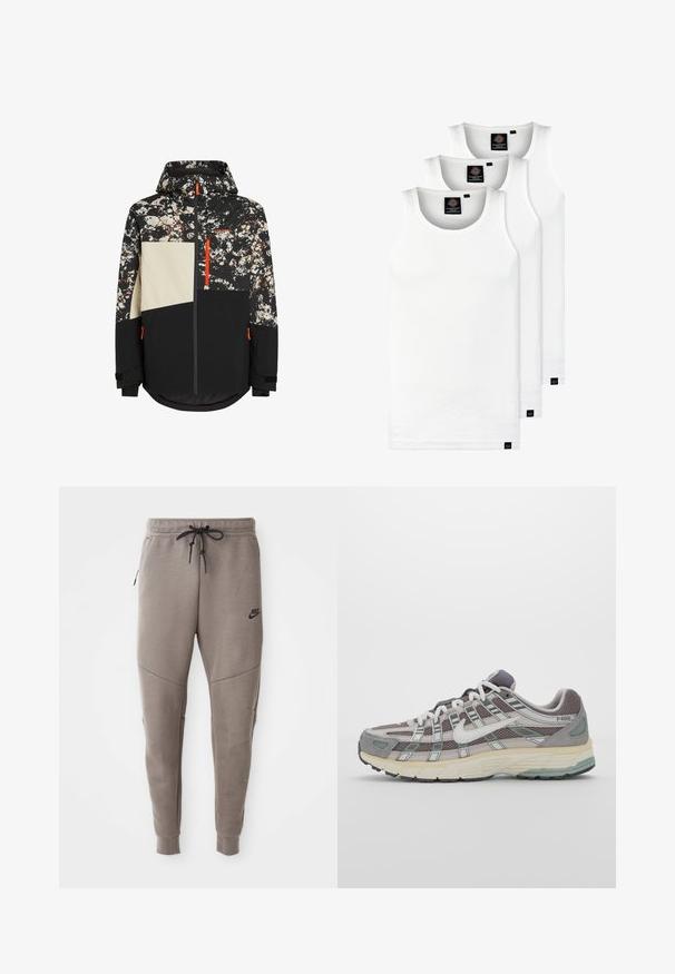 Skijack met een zwarte basis en een camouflagepatroon in witte, bruine en rode accenten; inclusief een capuchon, ritssluiting en verstelbare manchetten.; Drie witte geribde tanktops van katoen. Kenmerken zijn een ronde hals en kleine zwarte labels nabij de zoom. Verkrijgbaar in meerdere maten.; Grijze Nike-sweatpants met een verstelbare tailleband, taps toelopende benen, zijzakken en opvallende naaddetails. Zachte, gestructureerde stof.; Grijze sportieve schoen met een bovenwerk van mesh en suede, witte accenten, een gevoerde zool en een onderscheidend ontwerp met reflecterende elementen.