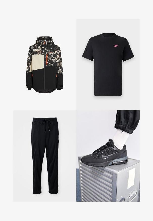 Skijacke mit schwarzem Grund und Camouflage-Muster in Weiß, Braun und roten Akzenten; beinhaltet eine Kapuze, einen Reißverschluss und verstellbare Bündchen.; Schwarzes Baumwoll-T-Shirt mit rundem Ausschnitt und kurzen Ärmeln. Mit einem pinken Nike-Logo auf der oberen linken Seite. Glatte Textur.; Schwarze lässige Hosen mit Kordelzug und seitlichen Eingrifftaschen sowie geradem Bein auf einem einfarbigen Hintergrund.; Nike Sportswear PULSE - Sneaker low - black/anthracite