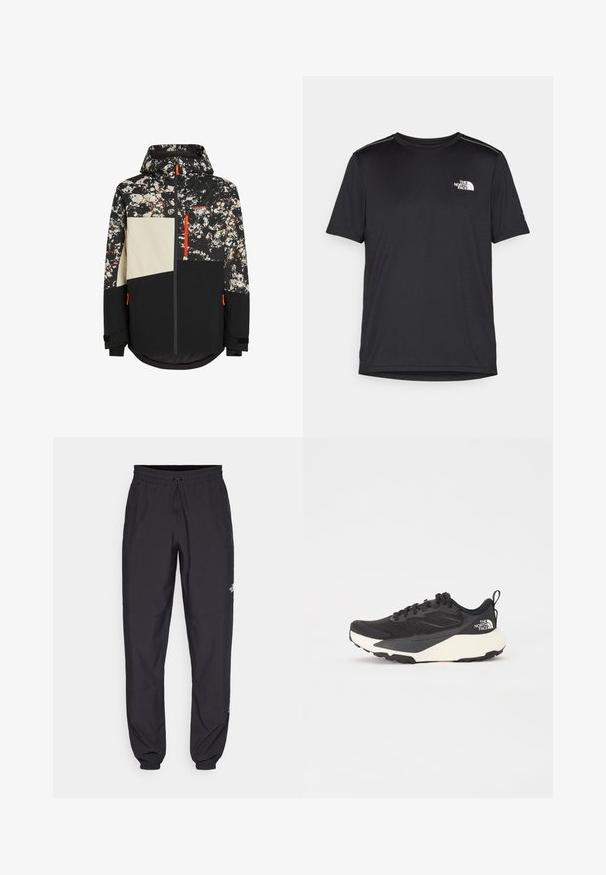 Skijack met een zwarte basis en een camouflagepatroon in witte, bruine en rode accenten; inclusief een capuchon, ritssluiting en verstelbare manchetten.; Zwarte T-shirt met korte mouwen, gemaakt van lichtgewicht stof. Bevat een klein wit logo op de linkerborst en verfijnde schouderaccenten.; Zwarte sportieve broek gemaakt van lichtgewicht stof, met een trekkoord in de taille, zijzakken en taps toelopende boorden bij de enkels.; Zwarte sportieve schoen met een gestructureerde mesh bovenkant, solide zwarte accenten en een lichte witte buitenzool. Voorzien van vetersluiting en een treklus.