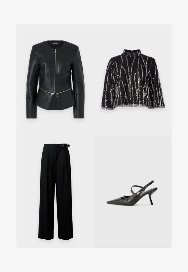 Svart läderjacka med rund halsringning, frontdragkedja och strukturerad design. Har två dragkedjefickor vid midjan och sömdetaljer.; Svart kort topp med hög hals, prydd med silverfärgade paljetter i vertikala linjer, genomskinliga ärmar och texturerad väv.; Svarta byxor med vida ben och hög midja, med veck framtill och ett bälte med spänne. Tillverkade av ett mjukt, lätt tyg.; Svarta läderklackar med slingback, spetsig tå, smal klack och dekorativ spänndetalj på ovansidan. Slät struktur och stilren design.