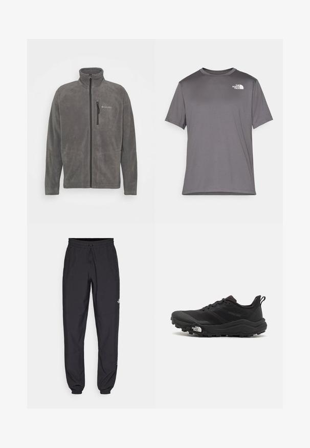 Hallhallane fleece-jakk, millel on kõrge krae, täisfrontaalne lukukinnitus ja lukuga rinnatasku. Vasakul küljel on väike logo. Pehme tekstuur.; Hallid lühikeste varrukatega spordipusa, mis on valmistatud siledast ja kergest kangast. Esiküljel vasakul rinnal on valge logo. Ümmargune kaelaauk.; Mustavad sportlikud püksid, mis on valmistatud kergest kangast, joonlauaga taljest, küljetaskudega ja kitsenevate varrukatega pahkluude juures.; Must tume jooksujalats musta värvi, tekstuurse ülemise osaga, kummist tallaga ja tugevdatud varbaga. Omab pehmendusega krae ja tõmblinti mugavaks selga panemiseks.