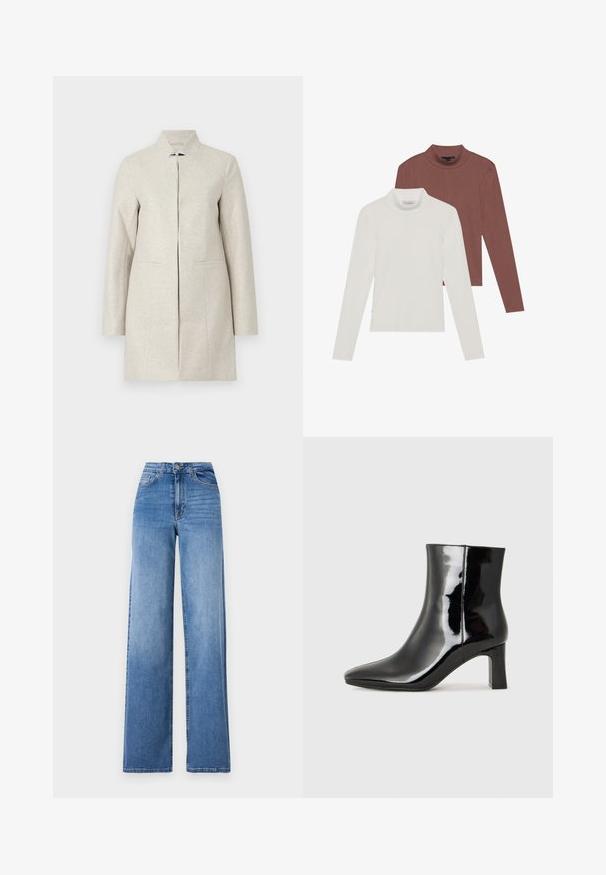 Ανοιχτό γκρι παλτό από μίγμα μαλλιού με ψηλό γιακά, μακριά μανίκια και μπροστινές τσέπες. Διαθέτει καθαρό, μίνιμαλ σχέδιο με ίσια σιλουέτα.; Δύο μακρυμάνικες μπλούζες με ψηλό λαιμό: η μία σε λευκό και η άλλη σε καστανοκόκκινο, κατασκευασμένες από ελαφρύ, ελαστικό ύφασμα με εφαρμοστή σχεδίαση.; Ανοιχτό μπλε παντελόνια με φαρδιά γραμμή από τζιν, με ψηλή μέση, μπροστινές τσέπες και κανονική κουμπωτή κλείσιμο. Λαμπερή υφή.; Μαύρη πατενταρισμένη δερμάτινη μπότες αστραγάλου με μυτερή μύτη και μεσαίο τετράγωνο τακούνι. Λείος υφή και μινιμαλιστικός σχεδιασμός.