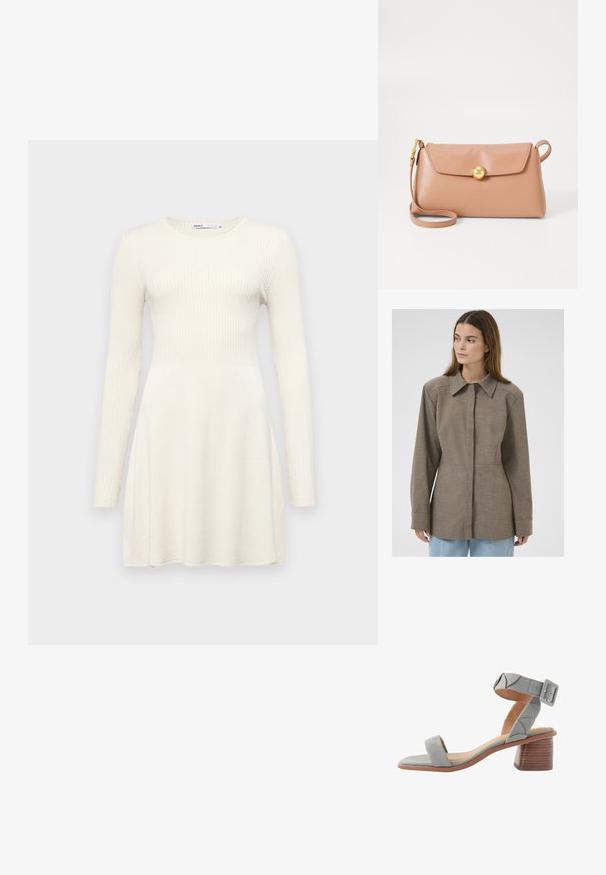 Bruine colbertjasje in een gestructureerde stof, voorzien van een knoopsluiting aan de voorkant, lange mouwen en een op maat gemaakte pasvorm. Eenvoudig, strak design.; Langdurige jurk van lichtbeige geribbelde stof. Aansluitend lijfje met een wijde rok. Ronde halslijn en eenvoudig ontwerp. Zachte textuur.; Next FOREVER COMFORTREGULAR FIT - Sandalen - blue; Furla MINI CROSSBODY TOP HANDLE - Schoudertas - tulle