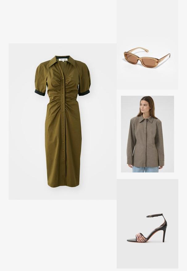 Brown collared jacket in a textured fabric, featuring front button closure, long sleeves, and a tailored fit. Simple, clean design.; Olive green mid-length dress with a fitted design, short puff sleeves, a collared neck, and button closure along the front. Black sleeve accents.; Black heeled sandal with an ankle strap. Features a textured, multicolored fabric band across the toe. Smooth leather finish.; Brown tinted sunglasses with a rectangular shape, transparent brown plastic frame, and subtle logo detailing on the sides.; Black handbag with a curved shape, featuring a multicolored chevron pattern and metallic thread. It has a leather strap and gold hardware accents.