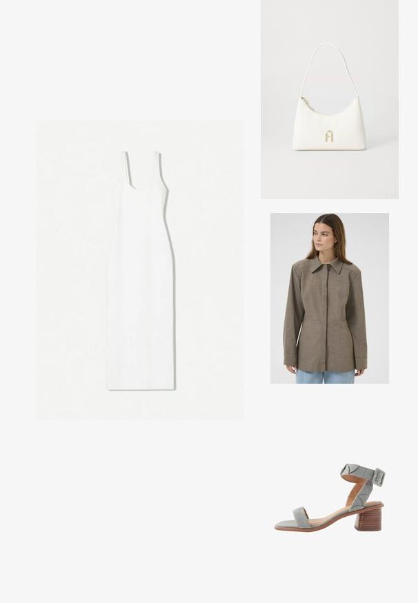 Hnědá límečková bunda z texturované látky, s předním zapínáním na tlačítka, dlouhými rukávy a přiléhavým střihem. Jednoduchý, čistý design.; Bílá bezramínková šaty s kulatým výstřihem, přiléhavým střihem a délku po kotníky. Vyrobeno z hladkého materiálu s minimalistickým designem.; Next FOREVER COMFORTREGULAR FIT - Páskové sandály - blue; Bílá kabelka s zakřiveným tvarem a hladkým povrchem. Obsahuje akcent s logem v zlatém tónu a zapínání na zip. Nastavitelný ramenní popruh.