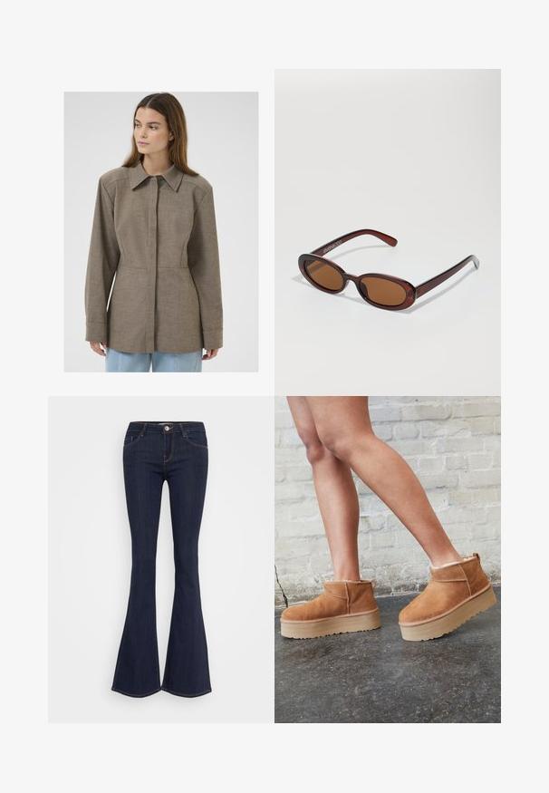 Brūna apkakles jaka ar teksturētu audumu, ar priekšējo pogu aizdari, garām piedurknēm un piegriezumu, kas uzsver figūru. Vienkāršs, tīrs dizains.; Melna, īsām piedurknēm turtlenecks džemperis, izgatavots no ribotas auduma, ar pieguļošu piegriezumu un augstu apkakles dizainu. Vienkāršs un teksturēts raksts.; Tumši džinsi ar platām kājām un pieguļošu jostu, ar priekšējo pogas aizdari, piecu kabatu dizainu un šuvju detaļām gar kājām.; Brūni zamšāda potītes zābaki ar mīkstu oderi, biezu bēša krāsas platformas zoli un aizmugurē esošu cilpu. Tekstūrēta virsma ar redzamām šuvēm.; Apaļas, brūnīgi nokrāsotas saulesbrilles ar spīdīgu bordo rāmīti. Šauri kāti ar diskrētu zīmola detaļu. Plakana objektīva dizains.