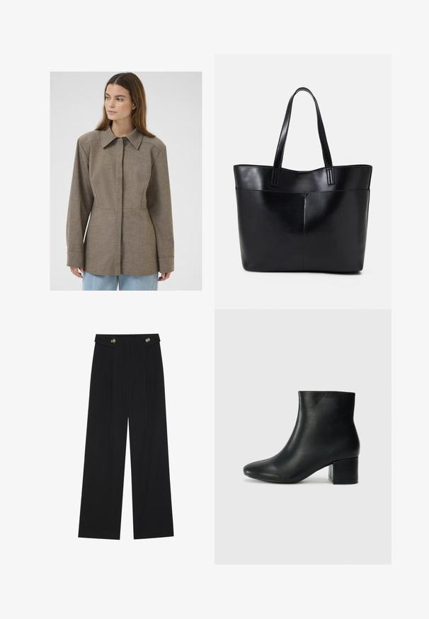 Chaqueta de color marrón con cuello en un tejido texturizado, con cierre frontal de botones, mangas largas y un corte ajustado. Diseño simple y limpio.; Top negro de manga larga con puños acampanados, textura suave y un ajuste relajado, con un sencillo cuello redondo.; Pantalones de pierna ancha negros con cintura alta, detalles de botones en la cinturilla y pliegues en la parte delantera.; Botas de cuero negras hasta el tobillo con una punta afilada y un tacón grueso. Textura lisa con acentos mínimos y un diseño elegante y ajustado.; Bolso tote de cuero negro con dos asas largas, textura suave y forma estructurada. Cuenta con un bolsillo frontal para almacenamiento adicional.