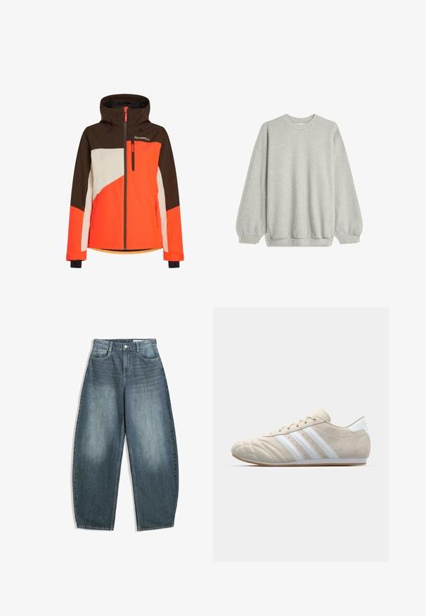 Färgglad skidjacka med huva, som har bruna, orange och vita paneler. Inkluderar dragkedjefickor och en justerbar nederkant.; Grå sweatshirt av mjukt tyg, med rundad halsringning, långa ärmar med elastiska muddar och en avslappnad passform. Ingen mönster eller detaljer.; Ljust blå denimbyxor med vida ben har hög midja, fem fickor, subtil blekning och sömnadsdetaljer längs sömmarna.; Ljust beige mockasinsandal i mocka med rund tå, vit design med tre ränder och sula i gummirubber. Har stickningar och en låg profil.