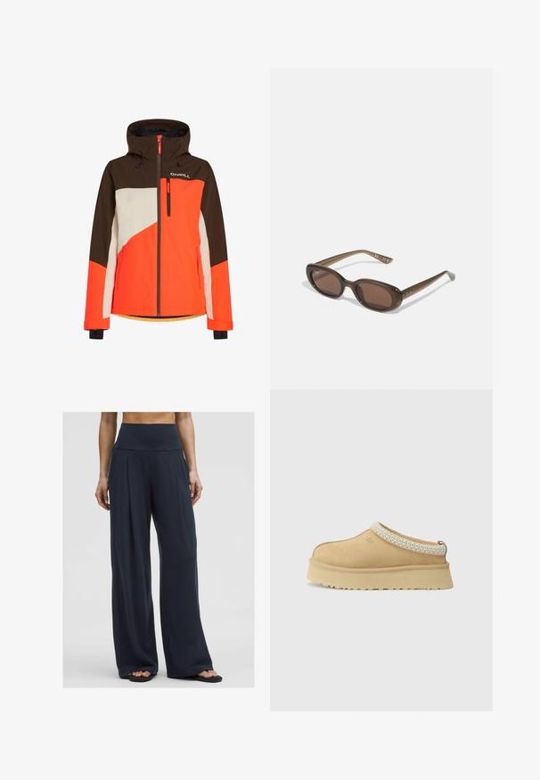 Veste de ski colorée avec capuche, présentant des panneaux marron, orange et blanc. Comprend des poches zippées et un ourlet ajustable.; Pull en tricot blanc avec un col en V et des manches longues. Présente un motif en losange texturé et un petit logo sur la poitrine gauche.; Top sans manches blanc avec bretelles réglables, design ajusté, texture de tissu lisse et encolure ronde. Aucun motif ni détail matériel.; Une femme se tient vêtue d'un pantalon noir à taille haute et jambes larges, associé à des sandales, exposant un style décontracté et confortable.; Chaussure slip-on en daim beige avec un col rembourré et un accent texturé bleu clair. Elle dispose d'une semelle extérieure épaisse et durable avec un profil de traction.; Lunettes de soleil ovales marron avec des verres foncés. La monture est en matériau transparent marron et comporte un logo imprimé sur les branches.; Sac fourre-tout tissé beige avec un design décontracté et une seule sangle pour l'épaule. Présente un motif texturé sur toute la surface.