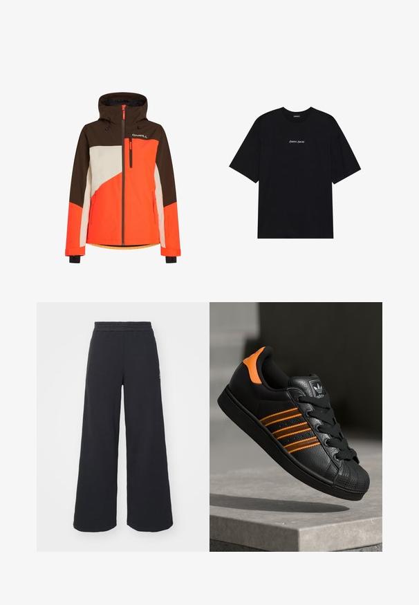 Spalvota slidinėjimo striukė su kapišonu, kurioje yra rudos, oranžinės ir baltos juostelės. Turi užtrauktukais uždaromas kišenes ir reguliuojamą apykaklę.; Juodas medvilninis trikotažas su laisvu dizainu. Yra trumpomis rankovėmis ir apvaliu kaklu. Tekstas "Teigiamas Nuoširdus" baltu spalva centravimas priekyje.; Juoda plačių kojų sportinė kelnė, pagaminta iš minkštos medžiagos, su elastinga juosmens juosta ir mažu logotipu kairėje pusėje.; Juodas sportinis batelis su oranžiniais akcentais, trimis horizontaliomis juostelėmis, tekstūruota odinė viršutinė dalis, guminiu nosių dangteliu ir juodomis raišteliais.