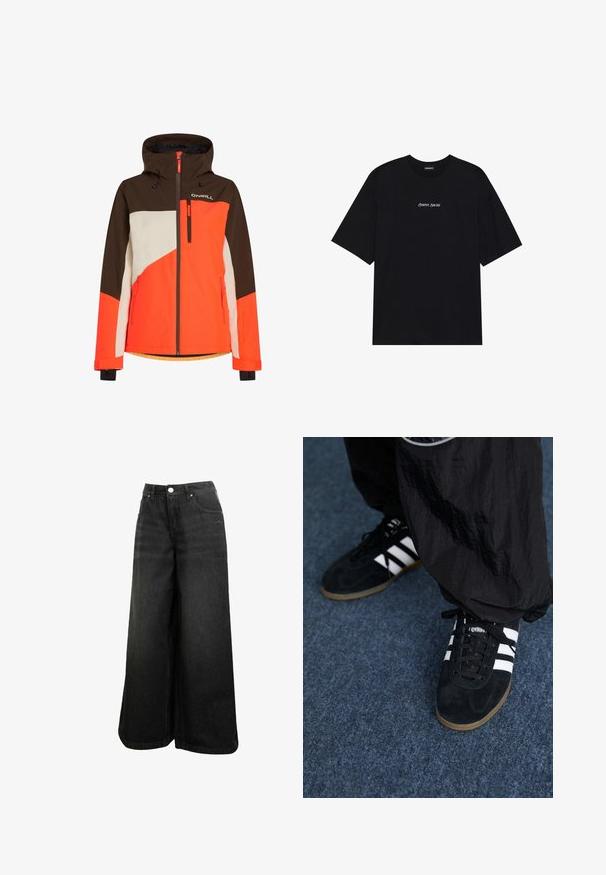 Farverig skijakke med hætte, med brune, orange og hvide paneler. Indeholder lynlåslommer og justerbar kant.; Sort bomulds t-shirt med løst design. Har korte ærmer og en rund halsudskæring. Teksten "Positive Sincere" i hvid centralt på fronten.;  Sorte bredbenede denimjeans med høj talje, frontknap, lommer og subtilt logo på frontlommen.; Sorte suedetrainingssko med tre hvide striber og sorte snørebånd. Et tekstureret sort bukser er delvist synligt ved siden af skoene.