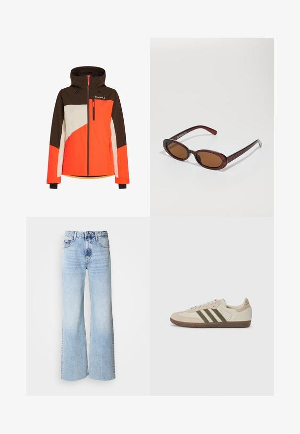 Kolorowa kurtka narciarska z kapturem, z brązowymi, pomarańczowymi i białymi panelami. Zawiera kieszenie zapinane na zamek i regulowany dół.; Biała bawełniana koszulka z luźnym krojem, krótkimi rękawami, okrągłym dekoltem i bez widocznych wzorów czy zdobień. Gładka tekstura.; Jasnoniebieskie dżinsy o szerokich nogawkach z wyblakłą teksturą denimu, wysoki stan i klasyczny pięcio-kieszeniowy design. Zawierają zapięcie na guzik i suwak.; adidas Originals SAMBA OG UNISEX mleczny; Okrągłe, brązowe okulary przeciwsłoneczne z błyszczącą bordową oprawą. Cienkie ramiona z subtelnym detalem marki. Płaski kształt soczewek.