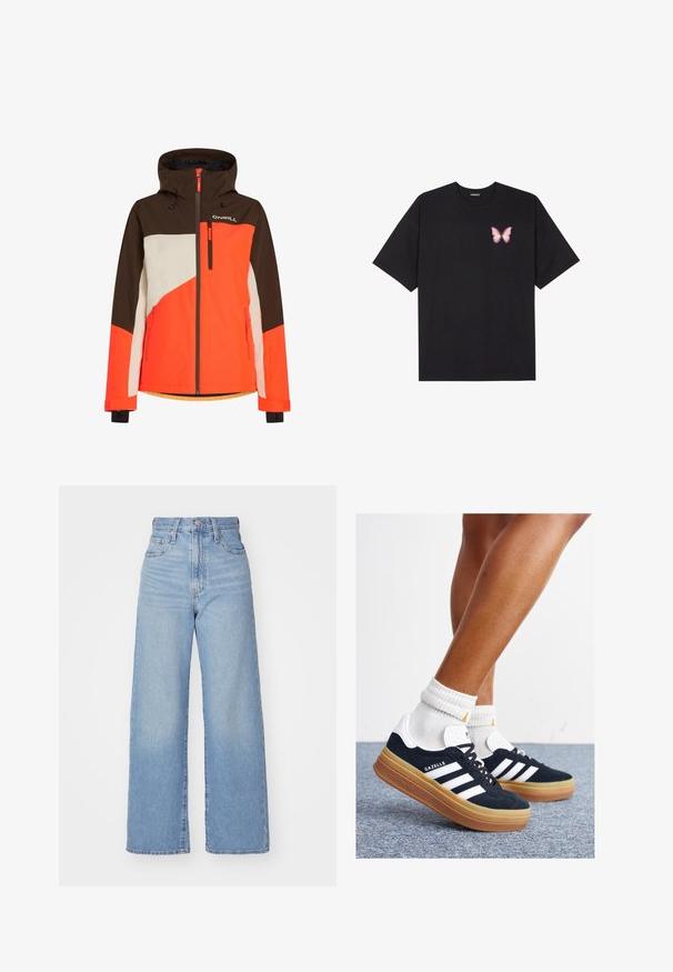 Giacca da sci colorata con cappuccio, con pannelli marroni, arancioni e bianchi. Include tasche con zip e un orlo regolabile.; T-shirt nera in cotone con maniche corte, caratterizzata da una piccola grafica di una farfalla rosa sul lato sinistro del petto. Design a girocollo con una vestibilità rilassata.; Jeans a vita alta blu chiaro con gamba larga, chiusura frontale con bottone e zip, tasche anteriori e posteriori, su uno sfondo bianco.; Sneakers in pelle scamosciata nera con strisce e dettagli bianchi, punta arrotondata, suola in gomma color gomme, abbinate a calzini bianchi a coste alla caviglia.