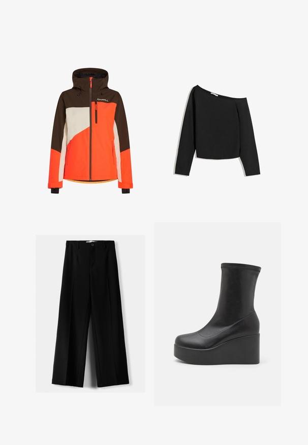 Kleurige skijas met capuchon, voorzien van bruine, oranje en witte panelen. Inclusief ritszakken en een verstelbare zoom.; Zwarte off-shoulder lange mouwen top, gemaakt van zachte stof. Heeft een cropped ontwerp met een brede hals en aansluitende mouwen.; Zwarte wijde broek van lichtgewicht stof, met een knoopsluiting aan de voorkant en een vlakke achterkant, afgewerkt met keurig gestikte zoom.; Zwarte platformen enkellaarzen van soepel leer, met een hoge wigzool en een gladde afwerking met minimale stikdetails.