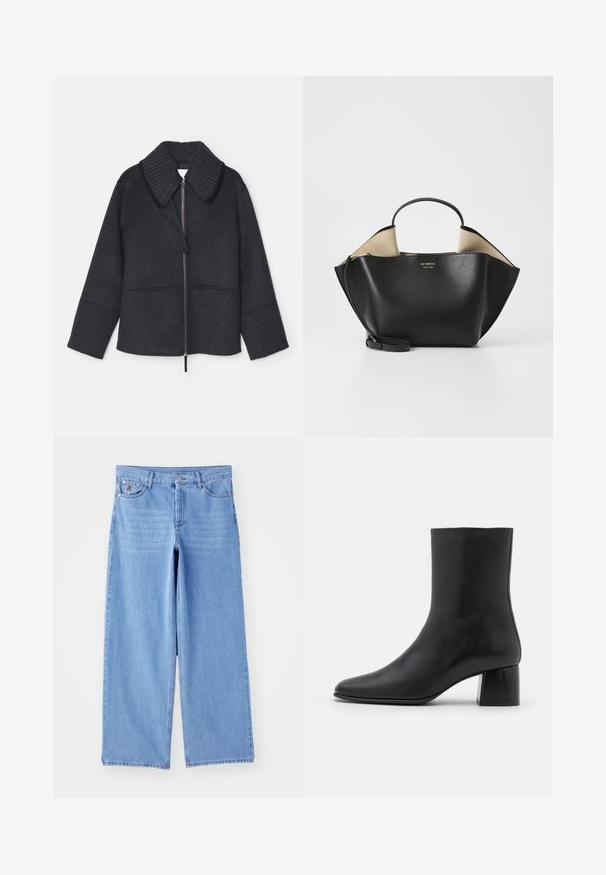 Proenza Schouler White Label POPPY - Light jacket - dark grey melange; Black long-sleeve top made of soft fabric, featuring a round neckline and a relaxed fit with side slits at the hem for ease of movement.; Light blue wide-leg jeans made of denim, featuring a classic five-pocket design and a button-fly closure. Smooth texture, frayed hem.; Black leather ankle boot with a pointed toe and a chunky square heel. Smooth texture with a seamless design and minimalistic stitching.; Ree Projects ANN TOTE MINI - Handbag - black