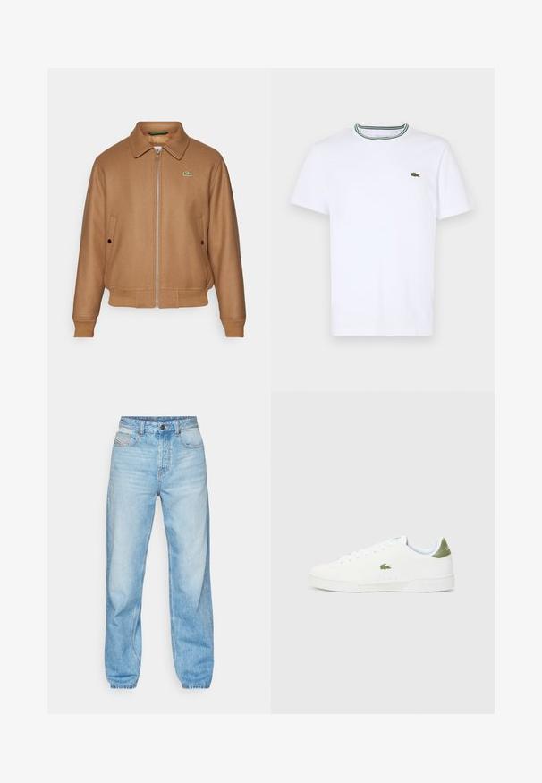 Lacoste Bomber Jacket - cookie; White cotton short-sleeve T-shirt with a ribbed collar featuring green and black stripes; small green embroidered logo on left chest.; Light blue jeans made of denim, featuring a straight cut, five-pocket design, and a visible button fly with contrasting stitching.; White sneakers with a smooth texture, featuring a green accent at the heel and a small embroidered crocodile logo on the side.