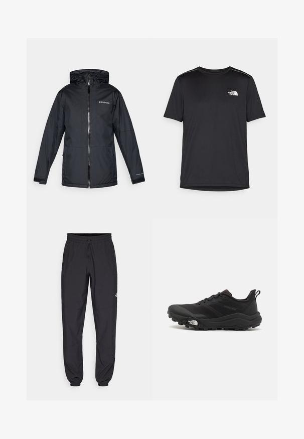 Crna vodootporna jakna s kapuljačom Columbia sa prednjim zatvaračem, podesivim manžetama i logotipom na prsima i rukavu.; Crna majica kratkih rukava izrađena od lagane tkanine. Ima mali bijeli logo na lijevoj strani grudi i suptilne naglaske na ramenima.; Crne sportske hlače od lagane tkanine, s pojasom na vezanje, bočnim džepovima i suženim manžetama na gležnjevima.; Crne trail trkačke cipele s teksturiranim gornjim dijelom, gumeni potplat i ojačana zaštita za prste. Imaju podstavljen ovratnik i trakicu za lakše obuvanje.