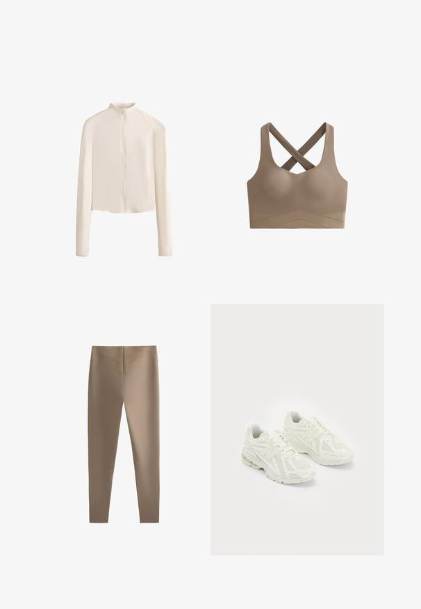 Light beige long-sleeve jacket with a high collar, full front zipper, seamless shoulders, and smooth fabric texture. Minimalist design.; Brown sports bra featuring a seamless design, crisscross back straps, and a textured band with a zigzag pattern at the bottom.; Brown leggings with a smooth texture, featuring a high waistband and angled seam details, designed for a fitted appearance.; White athletic shoes with mesh and synthetic materials, lace-up design, padded collar, and textured sole for grip. Lightweight construction.