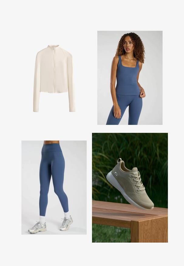 Lichtbeige lange mouw jack met een hoge kraag, volledige voorrits, naadloze schouders en een gladde stoftextuur. Minimalistisch ontwerp.; Blauw aansluitend tanktop met een vierkante halslijn, gemaakt van een gladde, rekbare stof. Gecombineerd met bijpassende high-waisted leggings.; Hoge taille blauwe leggings van rekbare stof met een gladde textuur, met een aansluitend ontwerp en subtiele naden voor comfort.; Beige sportieve schoen met een gestructureerde bovenkant, veters en een ondersteunende hielstrip, rustend op een houten oppervlak, tegen een achtergrond van groene bladeren.