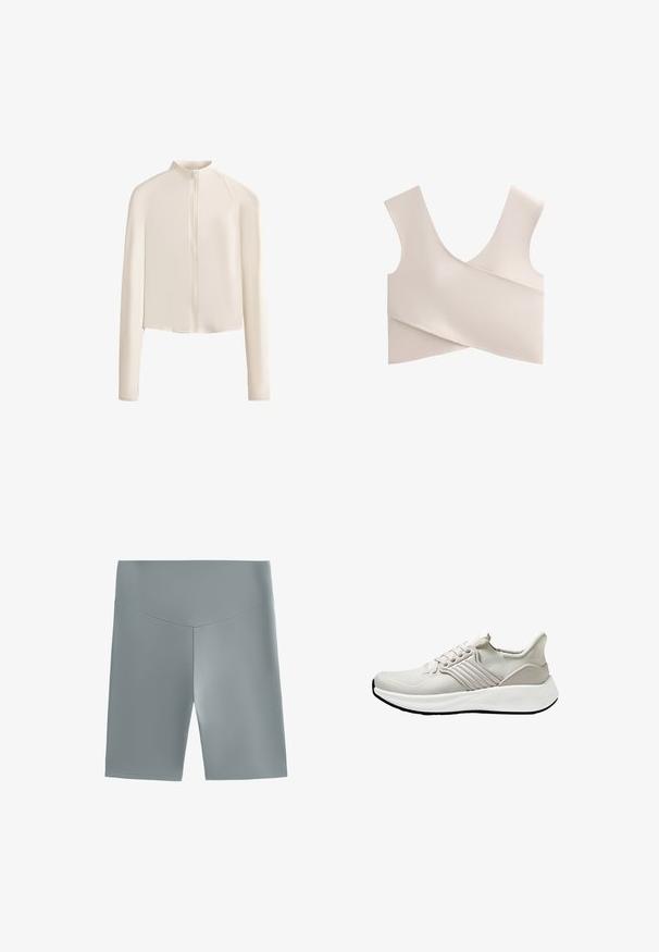 Jachetă lungă bej deschis, cu mâneci lungi și guler înalt, fermoar pe toată lungimea față, umeri fără cusături și textură de stofă netedă. Design minimalist.; Bralet moale, bej, cu decolteu în V, bretele late și design înfășurat. Fabricat dintr-un material elastic cu cusături netede, minime.; Shorts atletici gri deschis, confecționați dintr-un material neted și elastic, având un talie înaltă și un design ajustat, cu detalii de cusătură simple.; Șosetă sport ușoară din material de plasă bej cu un finisaj texturat, având o talpă albă și accente laterale tonale. Design simplu cu șireturi.