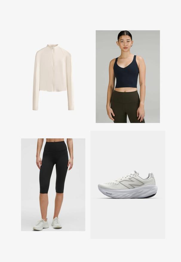 Svetlobežový kabát s dlhým rukávom, vysokým golierom, plným predným zipsom, bezšvovými ramenami a hladkou textúrou látky. Minimalistický dizajn.; Námornícky modrý crop top na športovanie s výstrihom do V a tenkými ramienkami, vyrobený z pružného materiálu, v kombinácii s legínami v olivovo zelenej farbe s vysokým pásom.; Čierne cyklistické šortky s vysokým pásom z elastického, hladkého materiálu, končiace tesne pod kolenom, v kombinácii so svetlými športovými topánkami.; Biele športové topánky s sieťovaným zvrškom, vybavené polstrovaným golierom, textúrovanou podrážkou a brandingom "Fresh Foam" na medzipodrážke.