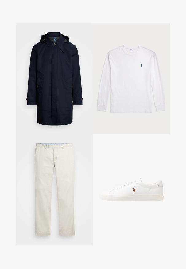 Marinblå vattentät jacka med huva, knapplåsning, två framfickor och små detaljer vid ärmsluten. Slät yta.; Vit långärmad T-shirt tillverkad av bomull. Har en rund halsringning, ribbade ärmslut och en liten marinblå polo-logotyp på vänster bröst.; Beige bomullskinos med rak framdel, bältesöglor och sidofickor. Rakt ben med en slät textur och en lätt, andningsbar känsla.; Vita lädersneakers, låg design, med en slät yta, rund tå, snörning fram och en liten broderad logotyp på sidan.