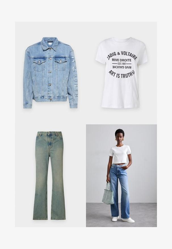 Ksubi OVERSIZED TORN UP JACKET - Džinsa auduma jaka - denim; Balta kokvilnas T-kreklu ar izteiksmīgu melnu tekstu, kurā ir zīmola nosaukums, atrašanās vieta, dibināšanas datums un sauklis apļa izkārtojumā. Apaļas kakla izgriezums.; Gai zila denima platās bikses ar augstu jostasvietu, piecām kabatām un rāvējslēdzi. Tīra, izbalējusi apdare ar smalkiem šuvumiem.; Balta ribota īsā krekla, gaiši zilie platā kāju džinsi un baltas sporta kurpes. Tur rokās zaļi un baltie svītrainie iepirkumu maisi.