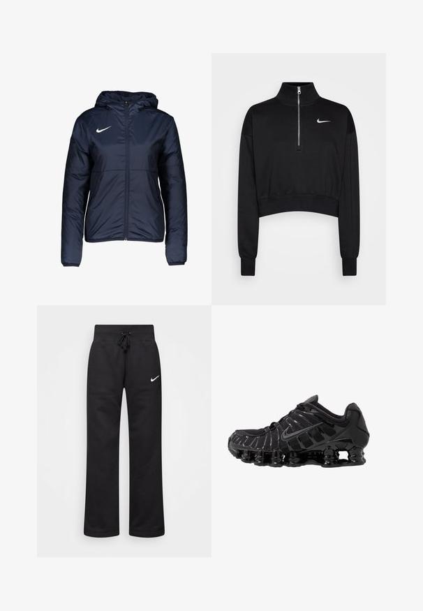 Navyblauwe gewatteerde jas met een rits, capuchon en wit Nike-logo op de linkerkant van de borst; beschikt over elastische manchetten en een gladde textuur.; Zwarte cropped sweatshirt met een hoge kraag, halve rits, geribde manchetten en een klein wit Nike-logo op de linkerkant van de borst. Zachte stoffen textuur.; Zwarte sweatpants van een katoenmix, voorzien van een tailleband met koord, rechte pijpen, en een wit Nike-logo aan de linkerzijde.; Zwarte sportieve schoen met mesh-bovenwerk en glanzende overlays. Bevat afgeronde spoelvering en textuur lijnen aan de zijkant. Nike-logo zichtbaar.