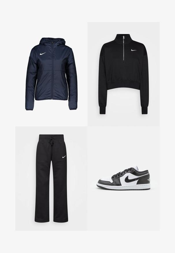 Dunkelblauer Steppjacke mit Reißverschluss, Kapuze und weißem Nike-Logo auf der linken Brust; verfügt über elastische Bündchen und eine glatte Textur.; Schwarzer, kurzer Sweatshirt mit hohem Kragen, halbem Reißverschluss, gerippten Bündchen und kleinem weißen Nike-Logo auf der linken Brust. Weicher Stoff.; Schwarze Sweatpants aus einem Baumwollmix, mit einem Kordelzugbund, geraden Beinen und einem weißen Nike-Logo auf der linken Seite.; Schwarz-weiße Nike Low-Top-Sneaker verfügen über ein glattes Leder-Obermaterial, eine runde Zehenpartie, eine Schnürung und eine gemusterte Gummisohle.