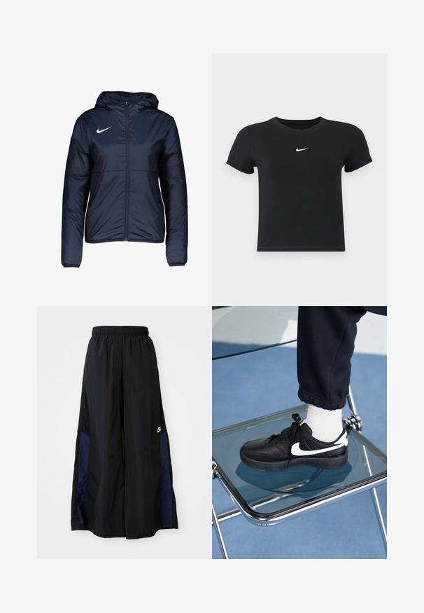 Navyblauwe gewatteerde jas met een rits, capuchon en wit Nike-logo op de linkerkant van de borst; beschikt over elastische manchetten en een gladde textuur.; Zwarte katoenen t-shirt met korte mouwen en ronde hals. Voorzien van een wit Nike-logo op de borst, minimalistisch ontwerp en een aansluitende pasvorm.; Zwarte wijdlopende broek van lichtgewicht stof, met een marineblauwe zijpaneel en een elastische tailleband. Klein wit logo onderaan.; Zwarte Nike sneakers met witte accenten, met een gladde leren textuur, vetersluiting en ronde neus, geplaatst op een glazen stoel.