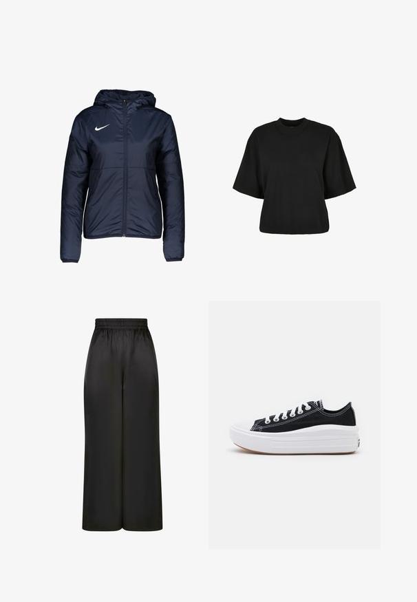 Navy blue puffer jacket with a zipper, hood, and white Nike logo on the left chest; features elasticized cuffs and smooth texture.; Black cropped t-shirt made of cotton. Features short sleeves and a round neckline. Smooth texture with a simple design, no additional patterns.; Black wide-leg pants made of smooth, shiny fabric with an elastic waistband and no visible pockets or hardware details.; Black canvas sneakers with white laces, white rubber toe cap, and a chunky white midsole. Features subtle white stitching and a gum sole.