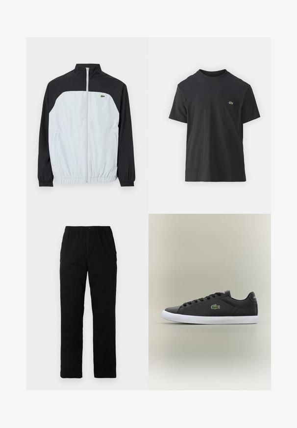 Weiße und schwarze Windbreaker-Jacke mit hohem Kragen, Reißverschluss vorne, elastischen Bündchen und einem kleinen grünen Logo auf der Brust.; Schwarz Baumwoll-T-Shirt mit kurzen Ärmeln, rundem Ausschnitt und einem kleinen grünen Logo auf der linken Brusttasche. Einfaches Design, reguläre Passform.; Schwarze Hosen aus einem Baumwollmischgewebe, mit geradem Schnitt, elastischem Bund mit Knopf und ohne sichtbare Muster oder Akzente.; Schwarze Leder-Sneaker mit weißer Gummisohle, ausgestattet mit einem grünen Krokodil-Logo und runden Schnürsenkeln, elegantes Design mit glatter Textur.