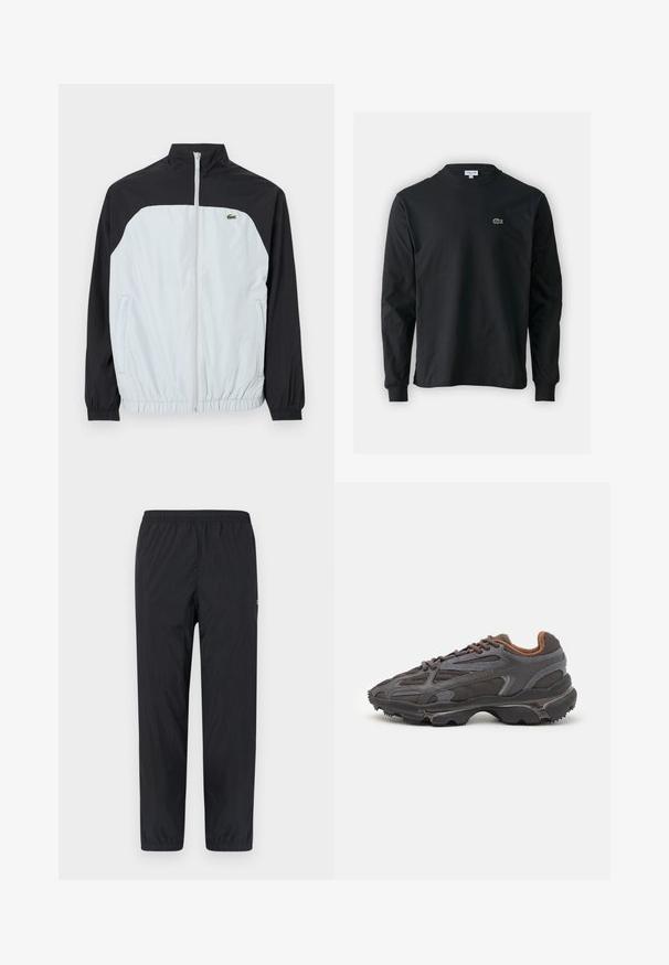 White and black windbreaker jacket with a high collar, zip front, elastic cuffs, and a small green logo on the chest.; Black long-sleeve t-shirt made of cotton, featuring a round neckline and a small green embroidered crocodile logo on the left chest.; Black, lightweight, elastic waist pants with tapered legs and minimal texture. Features side seams and a small logo on the left leg.; Lacoste sneakers in dark gray with mesh and synthetic material, featuring a textured sole and brown accents on the collar and branding.