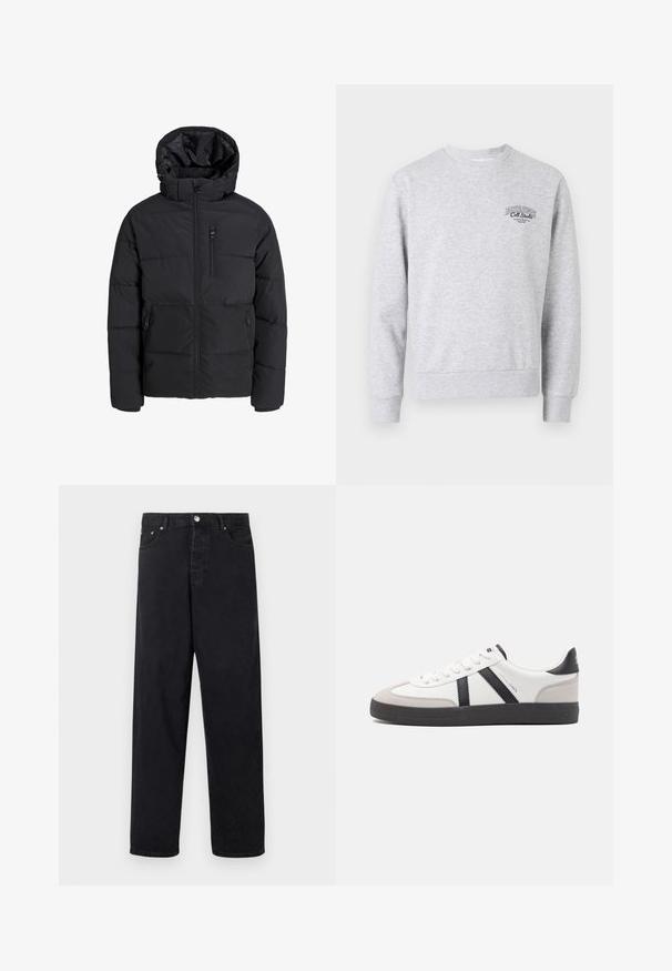 Črna puhovka s kapuco, z zadrgo spredaj, dvema stranskima žepoma in žepom na prsih. Gladek, izoliran material s prešitimi sekcijami.; Siva trenirka s krožnim izrezom, rebrastimi manšetami in robom, z majhnim črnim logotipom na prsih. Narejena iz mehke, teksturirane tkanine.; Črne hlače z visokim pasom, ravnimi nogavicami, z zapiranjem na gumb, zankami za pas in sprednjimi ter zadnjimi žepi na beli podlagi.; Bela športna obutev z črnimi in sivo akcenti, z teksturirano sivo kapico za prste, črnim gumijastim podplatom in ravnimi belimi vezalkami. Čista zasnova, minimalistični slog.