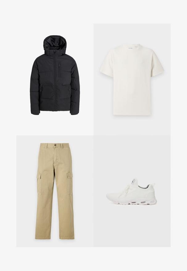 Čierna zimná bunda s kapucňou, s predným zipsom, dvoma bočnými vreckami a vreckom na hrudi. Hladká, zateplená tkanina s prešívanými časťami.; Biela krátka tričko s krátkym rukávom so žebrovanou textúrou. Okrúhly výstrih, uvoľnený strih, žiadne viditeľné vzory ani akcenty. Jednoduchý a všestranný dizajn.; Bežové cargo nohavice vyrobené z bavlny, s dvoma bočnými vreckami, zapínaním na gombík a rovným strihom s mierne textúrovanou tkaninou.; Biele športové topánky so štruktúrovaným pleteným zvrškom, plochými šnúrkami a odpruženou podrážkou s viditeľnými vzduchovými komorami pre dodatočnú podporu.