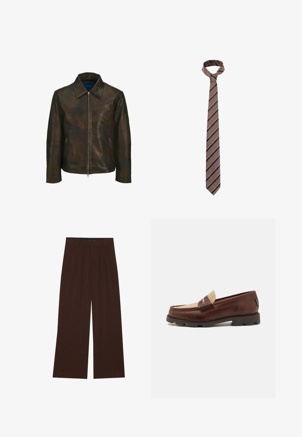 Bruine leren jas met een kraag, sluiting met rits aan de voorkant en twee zijzakken met rits. Heeft een gladde textuur en een licht versleten uiterlijk.; Witte langesleeve overhemd met knopen, gemaakt van een gladde stof. Kenmerkt zich door een klassieke kraag, voor knopen en manchetten met één knoop. Slim fit ontwerp.; Bruine wijde broek met plooien. Gemaakt van een gladde stof, met een op maat gemaakt tailleband en zijzakken. Rechte zoom aan de onderkant.; Bruine leren instappers met een taupe canvasaccent, gestikte details en een gestructureerde rubberen zool die is ontworpen voor comfort en duurzaamheid.; Bruine gestreepte stropdas met verticale lijnen in verschillende breedtes, voorzien van witte en donkerpaarse accenten, gemaakt van een gestructureerde stof.