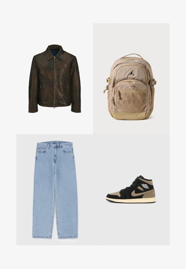 Braune Lederjacke mit Kragen, vorderem Reißverschluss und zwei seitlichen Reißverschlusstaschen. Sie hat eine glatte Textur und einen leicht gewollten Look.; Grau-beige karierter Hemdjacke mit durchgehender Knopfleiste, Kragen und langen Ärmeln. Verfügt über ein dezentes gesticktes Logo auf der Brust.; Hellblaue Jeans aus Denim mit geradem Bein, ausgestattet mit einer mittelhohen Taille, fünf Taschen sowie einem Knopf- und Reißverschluss.; High-Top-Sneaker aus schwarzem und braunem Wildleder, mit perforierter Spitze, beigem Zwischensohle, schwarzen Schnürsenkeln und einem silbernen Logo an der Seite.; Tansfarbener Rucksack aus leichtem Stoff mit schwarzem Logo, mehreren Reißverschlusstaschen, strukturierten Netz-Akzenten und verstellbaren Trägern.