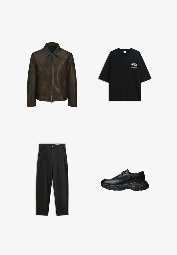 Giacca in pelle marrone con colletto, chiusura frontale con zip e due tasche laterali con zip. Presenta una texture liscia e un aspetto leggermente invecchiato.; T-shirt nera oversize in cotone con scollatura rotonda e maniche corte, con un logo bianco "Shibuya" stampato sul fronte.; Pantaloni in cotone neri con una vestibilità rilassata, dotati di una vita classica, pieghe frontali e tasche laterali. Tessuto liscio senza fantasie.; Scarpe slip-on in pelle nera con punta arrotondata e suola in gomma spessa e testurizzata. Presentano cuciture sottili e dettagli in elastico sul colletto.