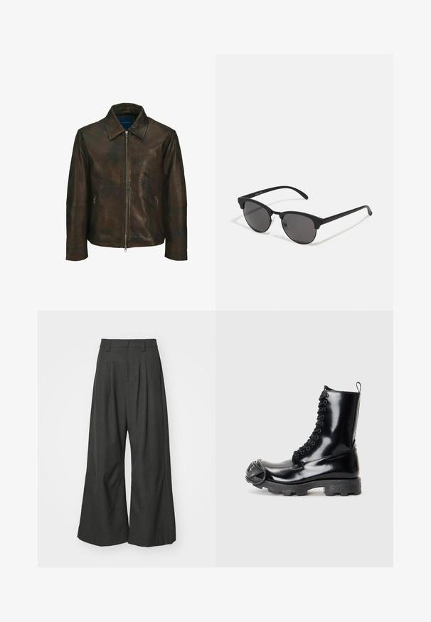 Veste en cuir brun avec un col, fermeture éclair frontale et deux poches latérales à zip. Elle présente une texture lisse et un aspect légèrement usé.; T-shirt à manches courtes gris foncé en coton. Présente un col rond et un petit logo blanc sur la partie gauche de la poitrine.; Jaded London GOLIATH TROUSER UNISEX - Pantalon classique - grey; Bottines de combat en cuir verni noir avec une finition brillante, design à lacets, épaisse semelle en caoutchouc et détail de quincaillerie distinctif à l'avant.; Lunettes de soleil noires avec des verres ronds, finition mate et une forme distinctive en œil de chat. Monture fine avec un logo discret sur la branche gauche.