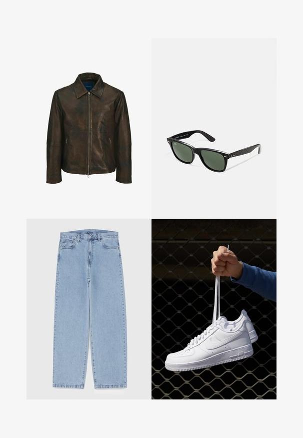 Ruskea nahkatakki, jossa on kaulus, edessä vetoketjusuljenta ja kaksi sivupussia vetoketjulla. Ominaisuuksia ovat sileä pinta ja hieman kulunut ulkonäkö.; Valkoinen puuvillainen hihaton paita, jossa on pyöreä kaula-aukko, leveät olkaimet ja suora helma. Paidan tekstuuri on sileä, eikä siinä ole näkyviä kuvioita.; Vaaleansiniset farkut suoran lahkeen muotoilulla, joissa on puolivälin vyötärö, viisi taskua sekä nappi- ja vetoketjusuljenta.; Valkoiset nahkasneakersit, joissa on rei'ityksiä, pyöreä kärki, tasapohja ja paksut nauhat, joissa on näkyvä swoosh-logo ja "AIR" kantapäässä.; Mustat muoviset aurinkolasit, joissa on vihreät linssit, neliönmuotoiset kehykset, hopeinen yksityiskohta kulmakarvojen kohdalla sekä tekstuuriset temppeleiden varret. Brändi ilmoitettu sisävarsissa.