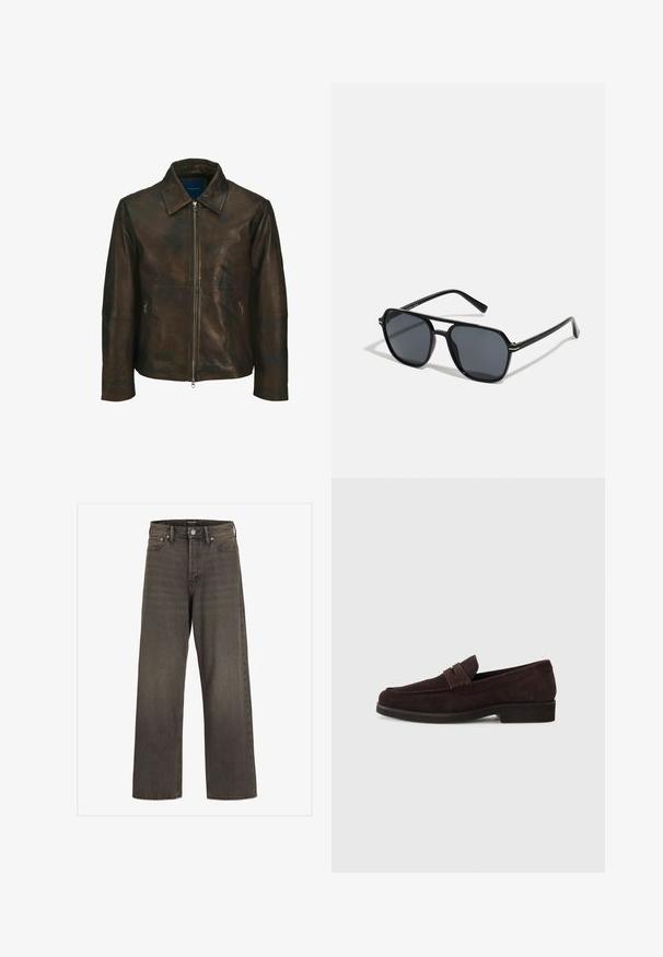 Brun läderjacka med krage, framsida med dragkedjestängning och två sidfickor med dragkedja. Har en slät textur och en lätt sliten känsla.; Svart kortärmad t-shirt i bomull, med rund halsringning och avslappnad passform. Inga mönster eller detaljer syns.; Breda jeans i mörkgrå denim, med hög midja, klassisk femficksdesign och kontrasterande sömmar längs sömmarna.; Bruna mocka loafers med låg profil och rund tå. Har ett dekorativt band över ovandelen, platt gummisula och ingen synlig sömnad.; Svarta solglasögon med oktagonal ram, mörka linser, glansig yta, smala stänger och gyllene detaljer på framsidan.