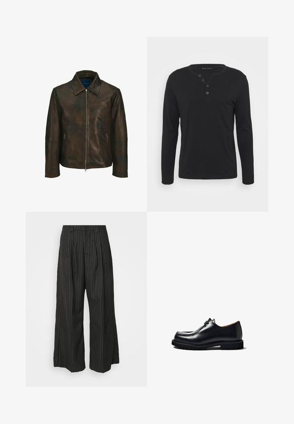Braune Lederjacke mit Kragen, vorderem Reißverschluss und zwei seitlichen Reißverschlusstaschen. Sie hat eine glatte Textur und einen leicht gewollten Look.; Schwarzes Langarm-Henley-Shirt aus weichem Stoff, mit knöpfbarer Leiste, rundem Ausschnitt und enganliegenden Ärmeln.; Schwarz gestreifte weite Hose mit Falten, im taillierten Design und mit weichem Material. Keine sichtbaren Beschläge oder Akzente.; Schwarzer Lederschuh mit einer abgerundeten Zehenform, Schnürdesign, genähte Details und einer strukturierten Gummisohle. Glatte Oberfläche mit glanzvollem Finish.